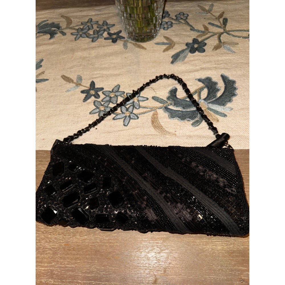 Chicos Black Beaded Gem Embellished Clutch Evening Bag Chain Strap - Picture 8 of 10